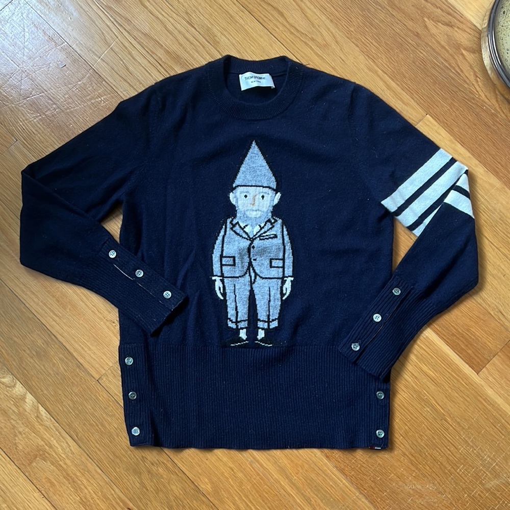Thom Browne Navy Cashmere Crewneck Sweater with Grey Gnome